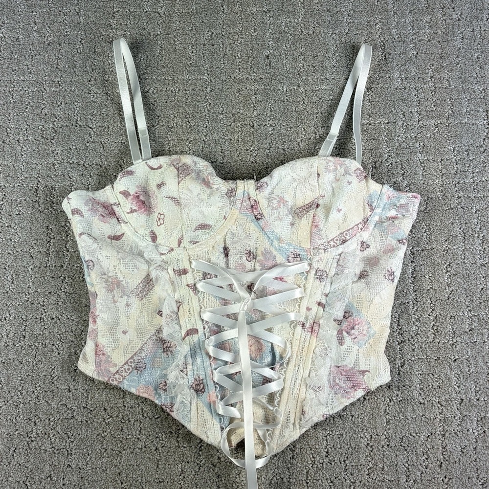 Top Chic Victorian Lace Up Ruffle Tank Corset Top Ivory Pink M Y2K Coquette NWT